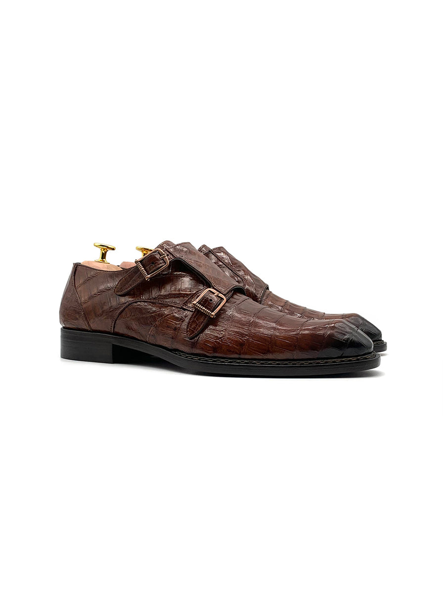 Herrenschuh Double Monk Crocodile - Fuscus Krokodilleder Braun